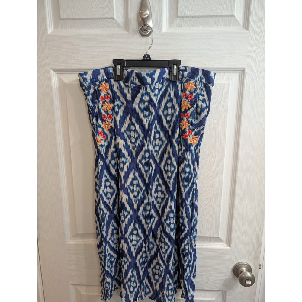 Soft Surroundings Blue Ikat Diamond Midi Skirt Floral Embroidered - Size PL